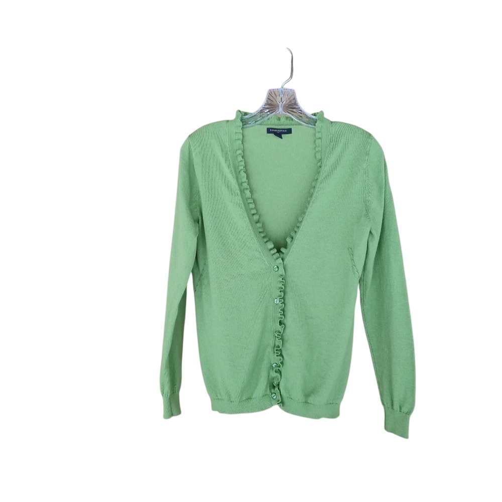 Banana Republic Factory Green Ruffle Trimmed V Neck Cardigan Medium